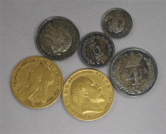 Two gold half sovereigns and a set of Maundy money